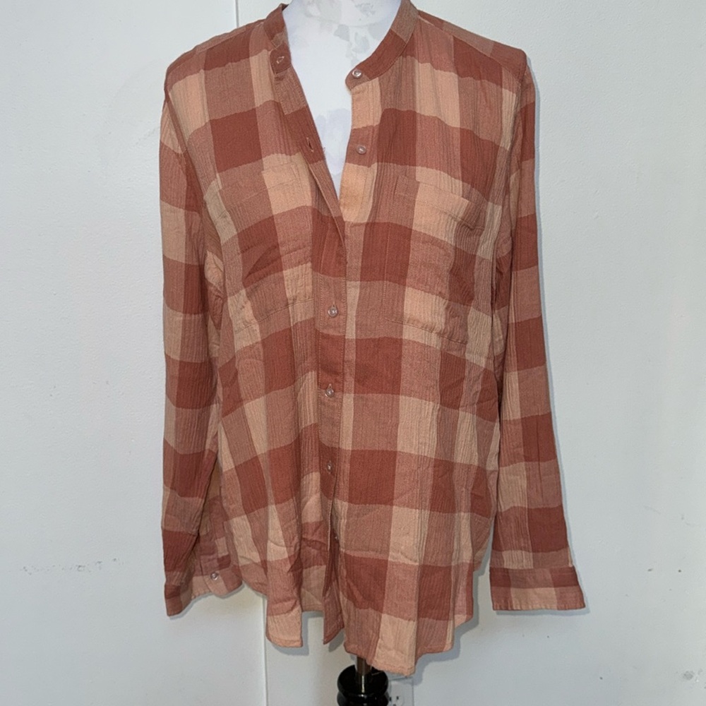 Lucky Brand🍀Buffalo Plaid Pink Button Down Shirt No Collar Shirt